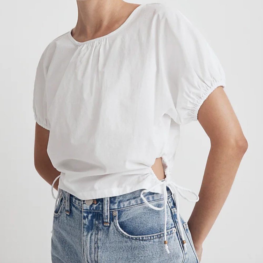 Madewell Poplin Puff-Sleeve Cutout Crop Top in Eyelet White (Size S)